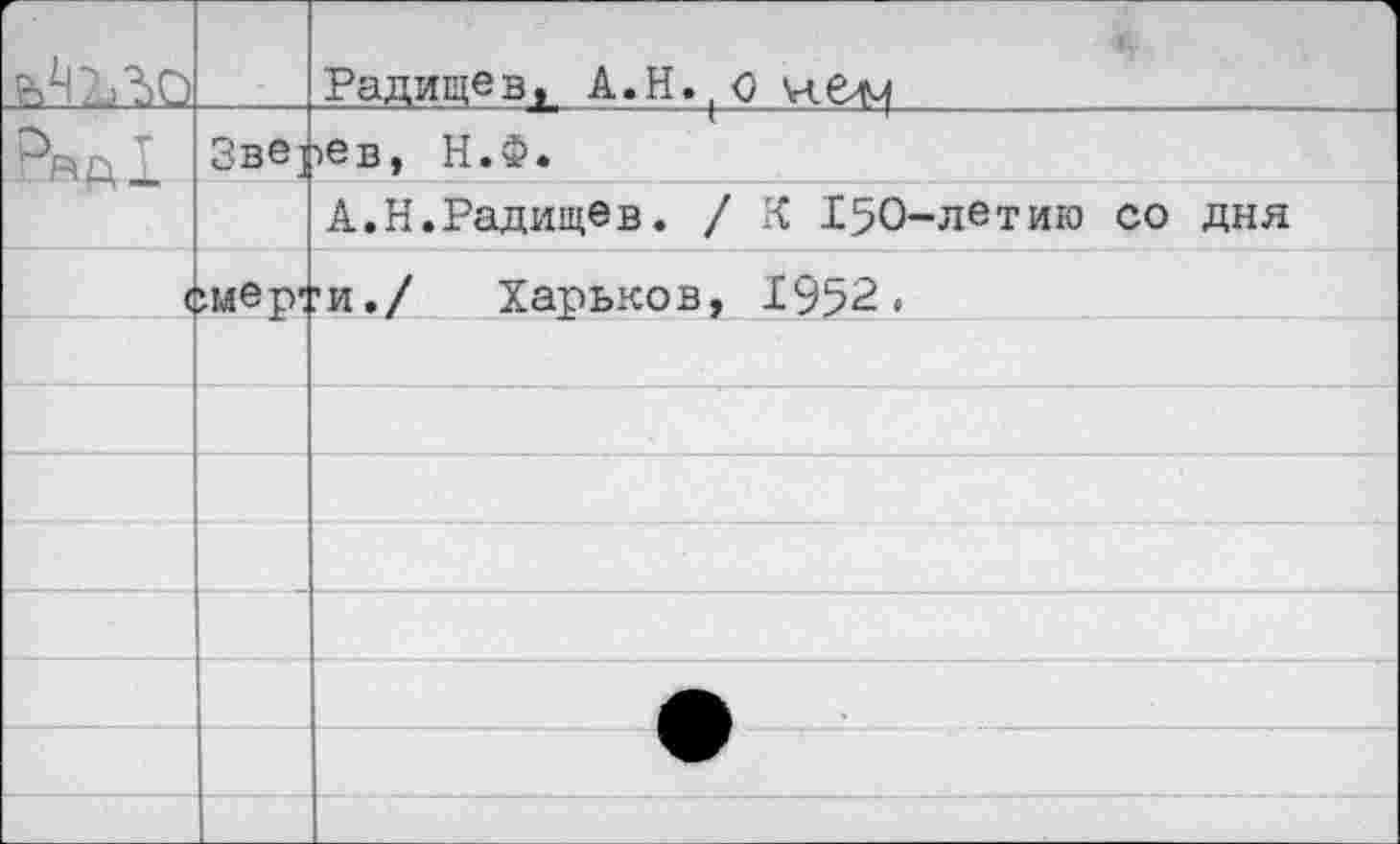 ﻿		A Радищев, А.Н. ■0 vtCAj
	Зве^	->е в, Н. Ф •
		А.Н.Радищев. / К 150-летию со дня
<	шер'	’и./ Харьков, 1952.
		
		
		
		
		
		— •
		
		